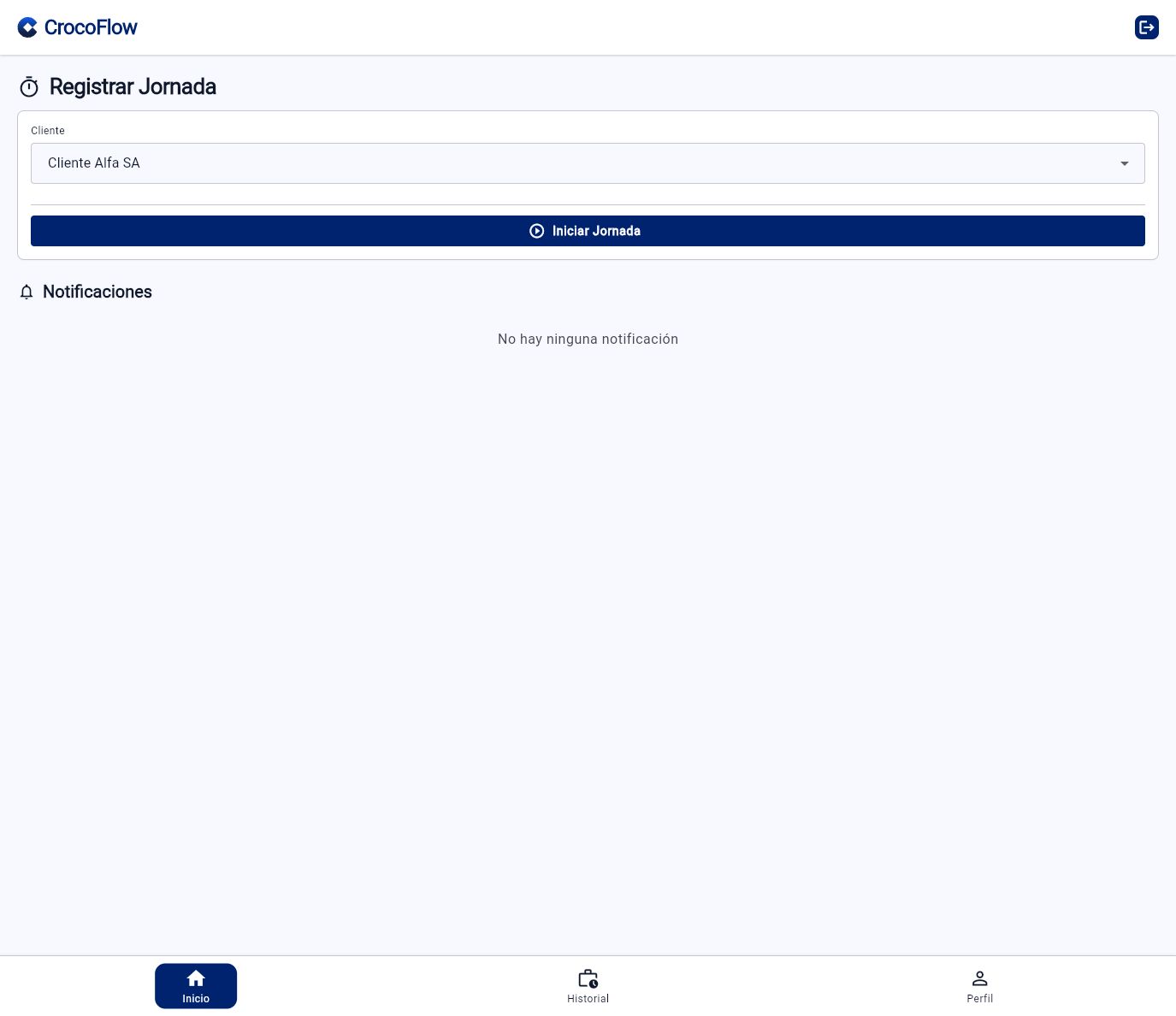 Inicio de la app tras finalizar la jornada, listo para un nuevo fichaje.